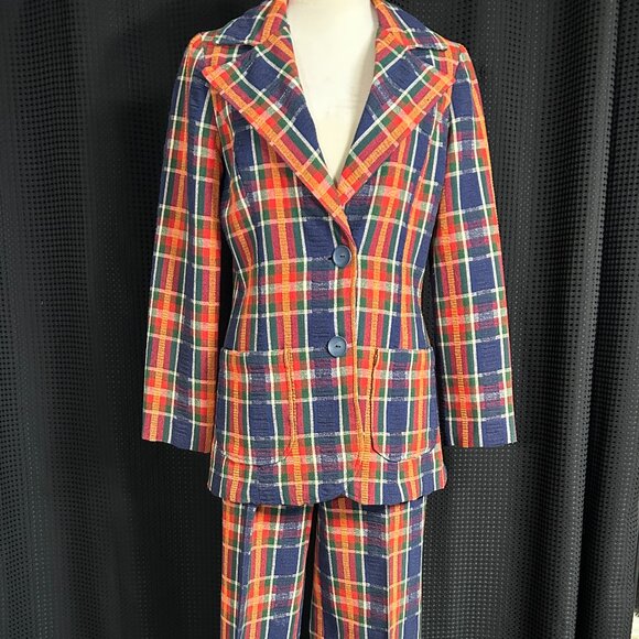 Vintage 1960S Women's Vibrant Check Leisure Suit Mod Disco Flare Leg Pant Set - Picture 1 of 14